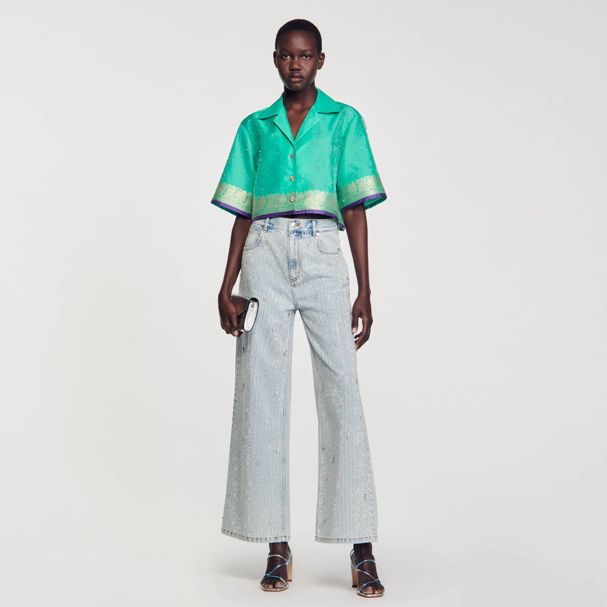 Korte Overhemdblouse Jacquard Met Stras