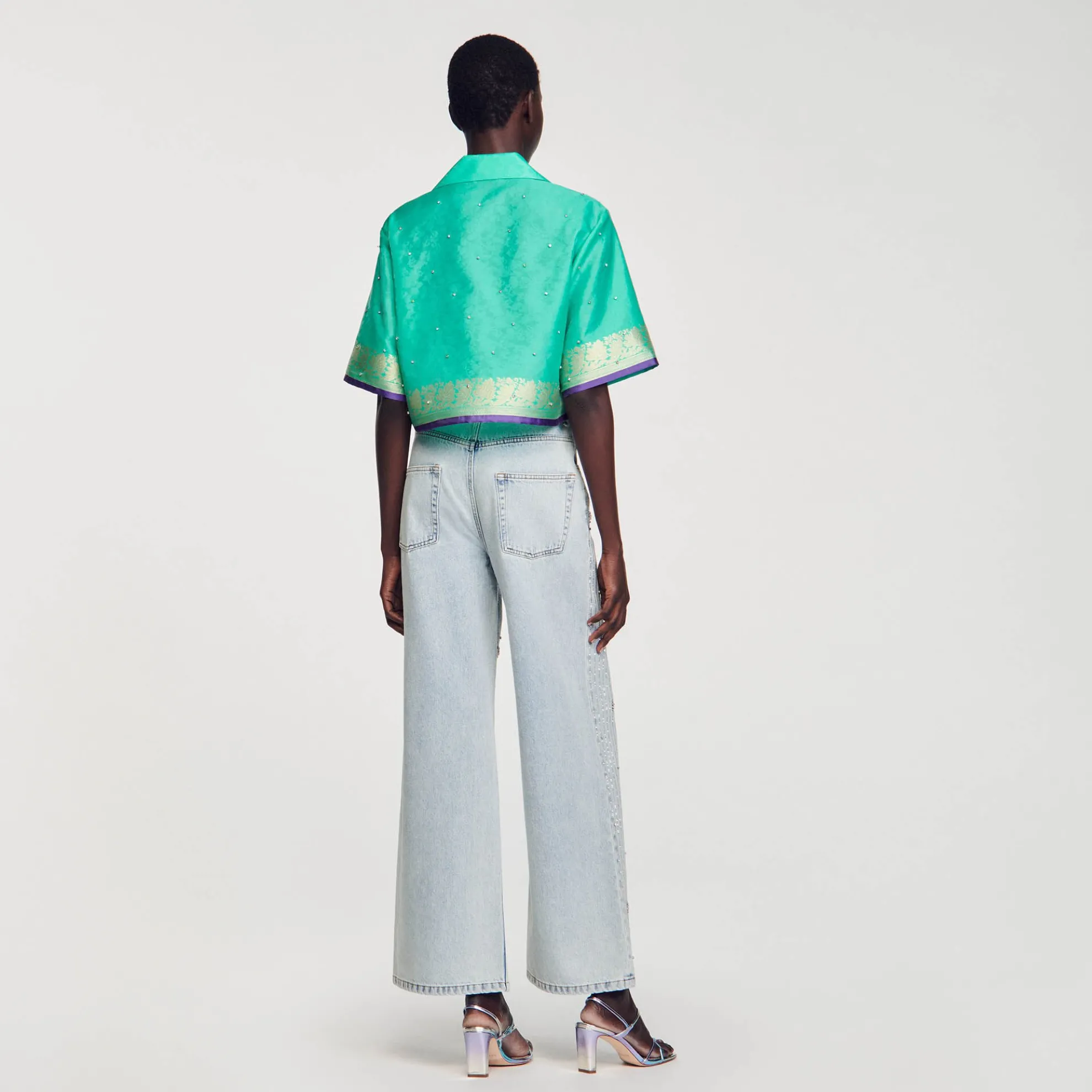 Korte Overhemdblouse Jacquard Met Stras