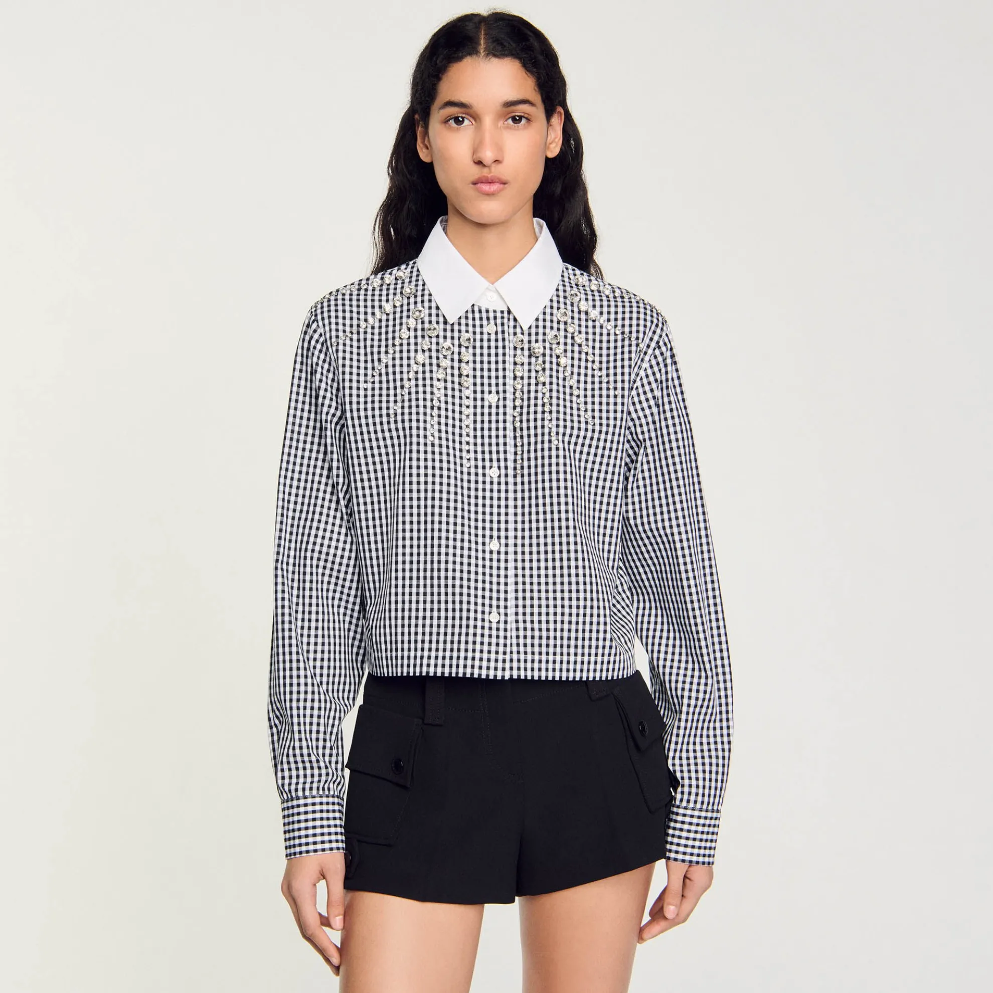 Overhemdblouse Kort Plastron Met Stras