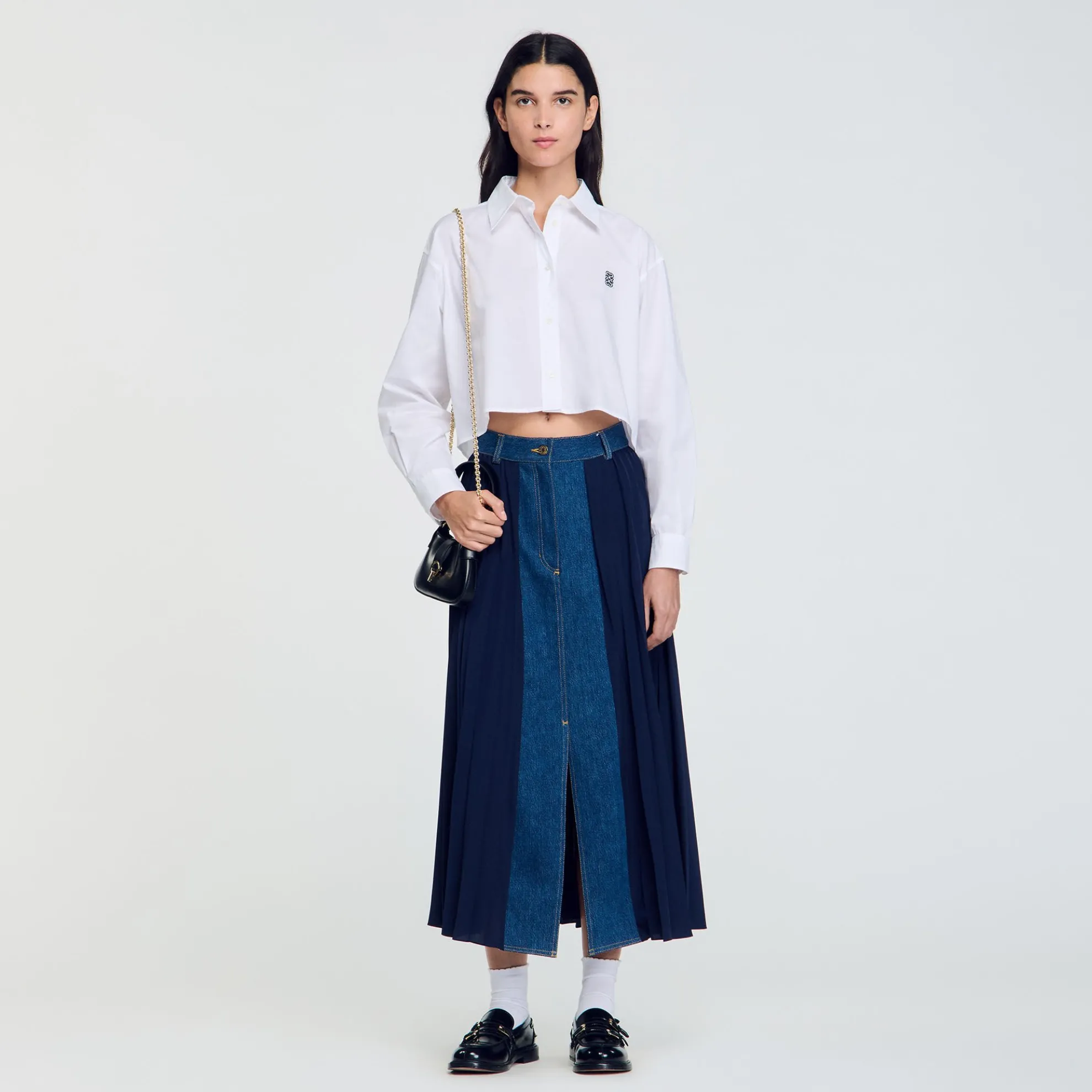 Rok 2 Stoffen Denim En Plissé
